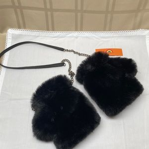 NWT Kurt Geiger Fingerless Faux Fur Mittens with Leather and Silver Chain